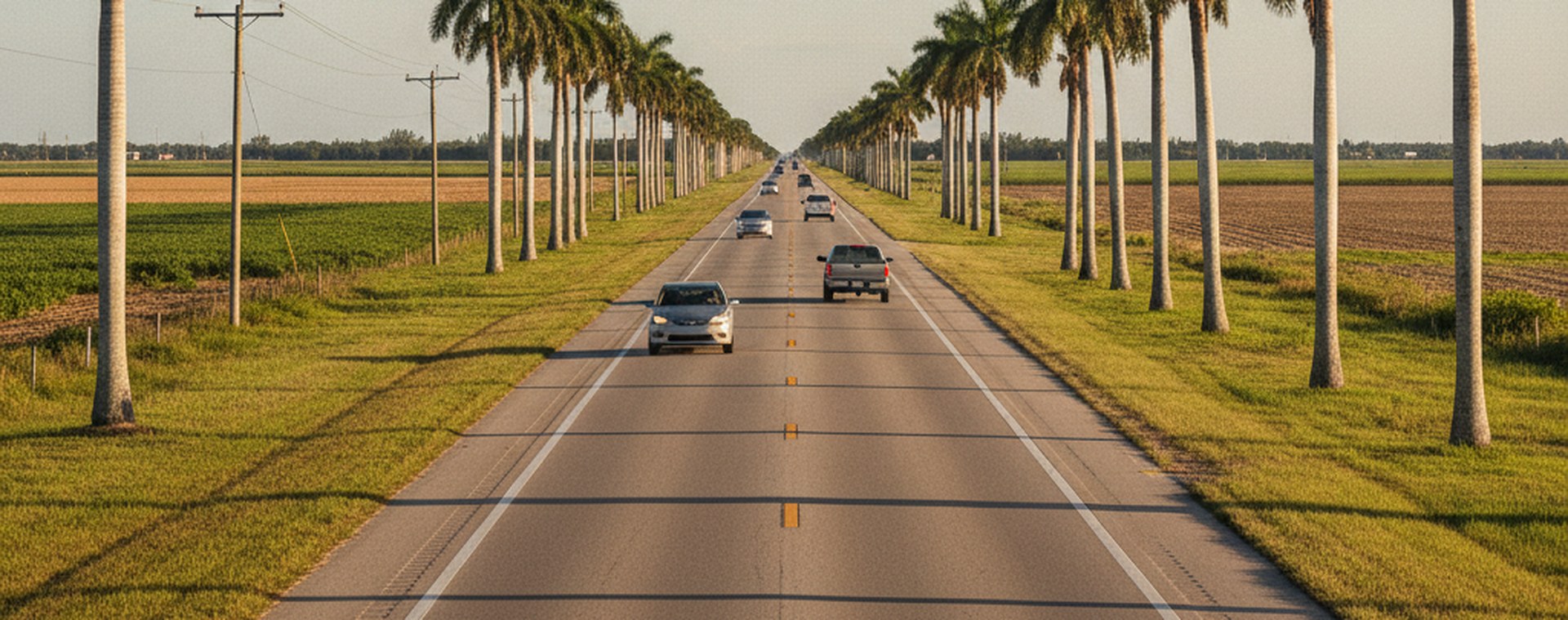 A straight two-lane highway running through South Dade farmland between rows of palms, light traffic in warm afternoon sun