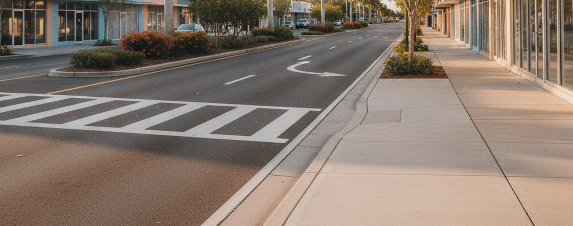 A marked crosswalk and sidewalk on a divided highway through a small South Florida town in bright daylight