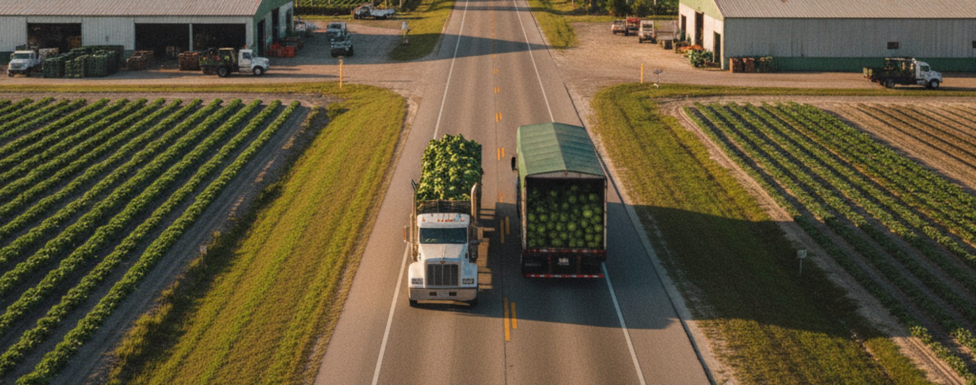 A flatbed and a box truck on a two-lane South Florida highway past packing sheds and rows of crops in morning sun