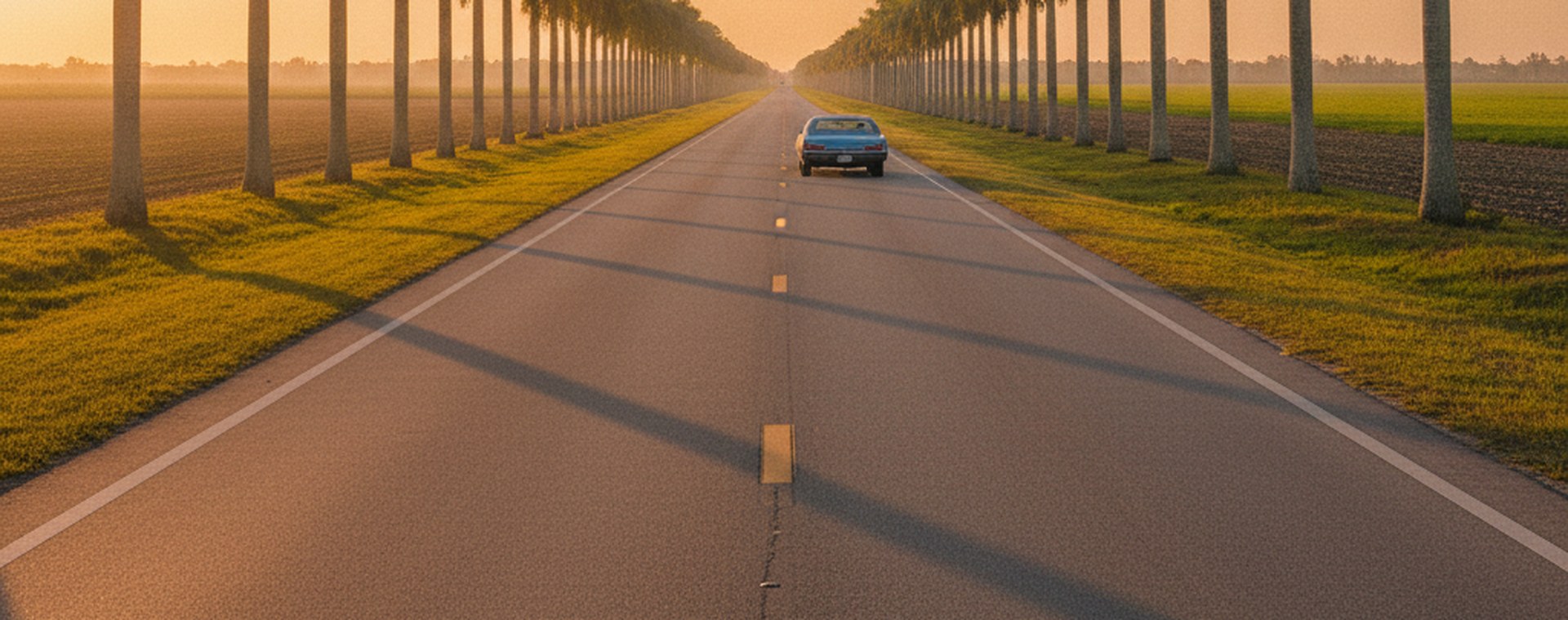 A quiet two-lane road at the edge of open South Florida farmland in warm late afternoon light, a single car in the distance