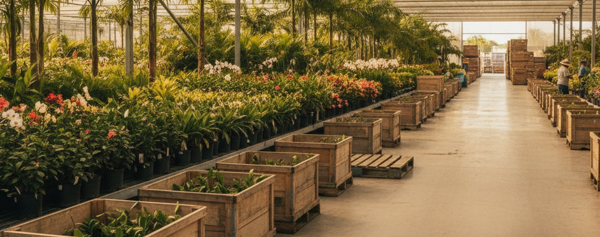 Rows of potted tropical plants under shade cloth beside stacked wooden crates and a wide concrete aisle in a South Florida nursery