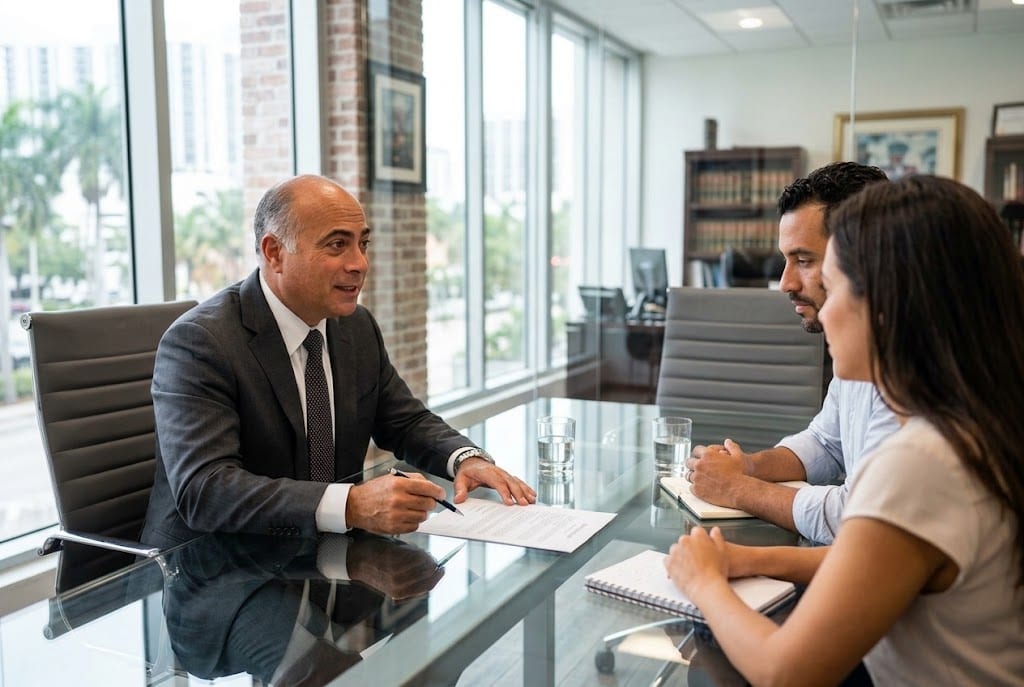 Jose A. Dapena at a glass conference table in a Florida law office, reviewing a document, with daylight through the windows behind him