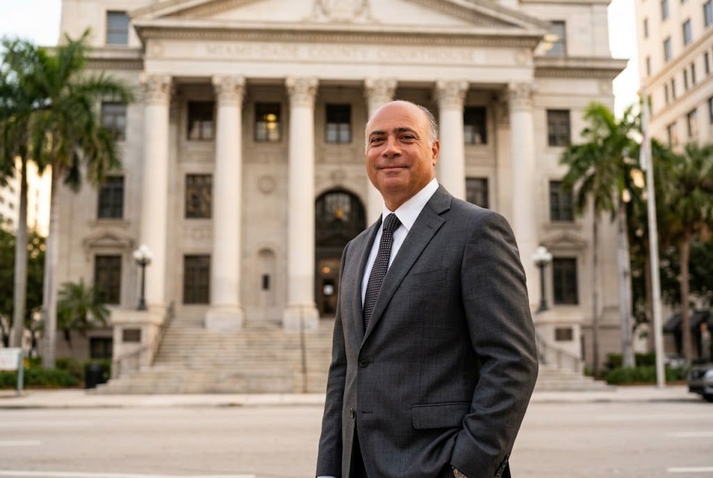 José A. Dapena, abogado de lesiones personales, frente al Miami-Dade County Courthouse en el centro de Miami