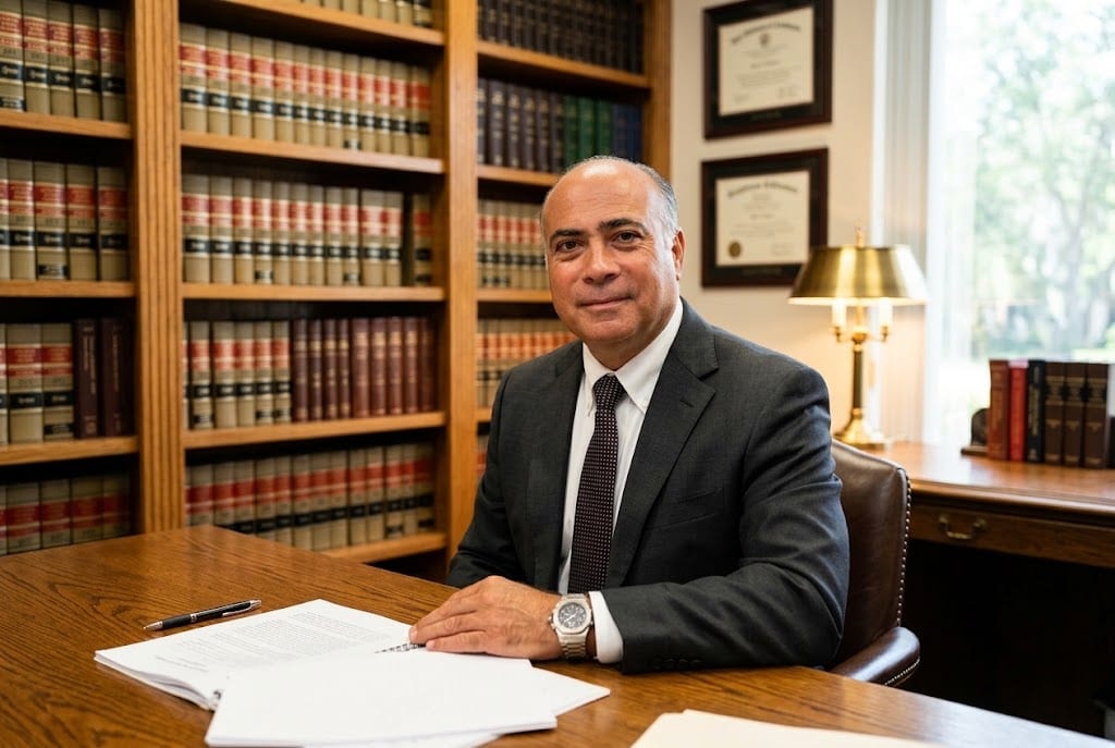 José A. Dapena revisando un expediente en su escritorio, en la biblioteca jurídica de la firma