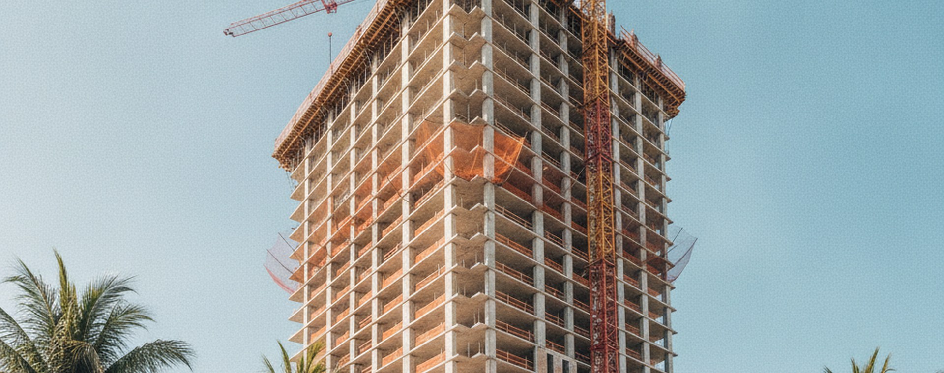 A high-rise under construction in South Florida against a clear sky, tower crane and safety netting, seen from street level