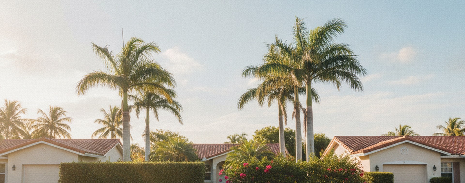 A quiet South Florida residential street with a low front-yard fence and palms, in late afternoon light