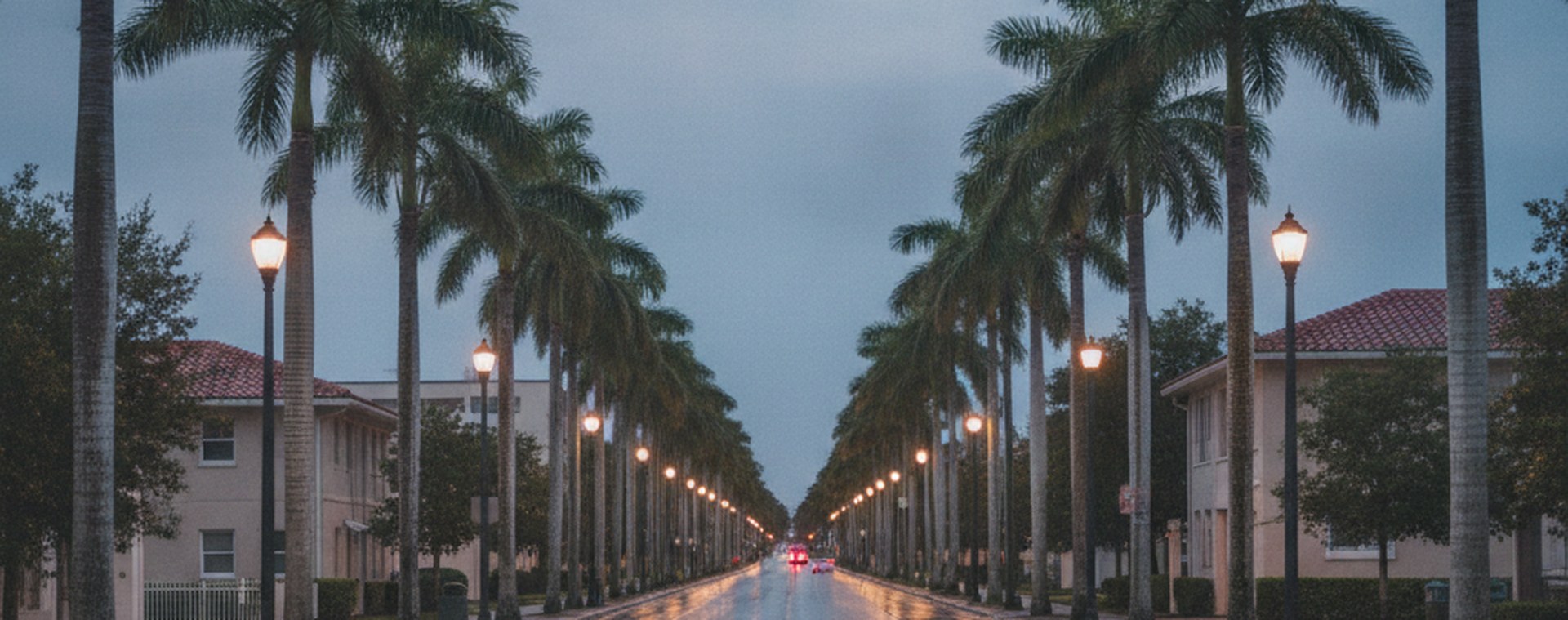 An empty South Florida street at dusk under streetlights, wet asphalt and palms, distant tail lights