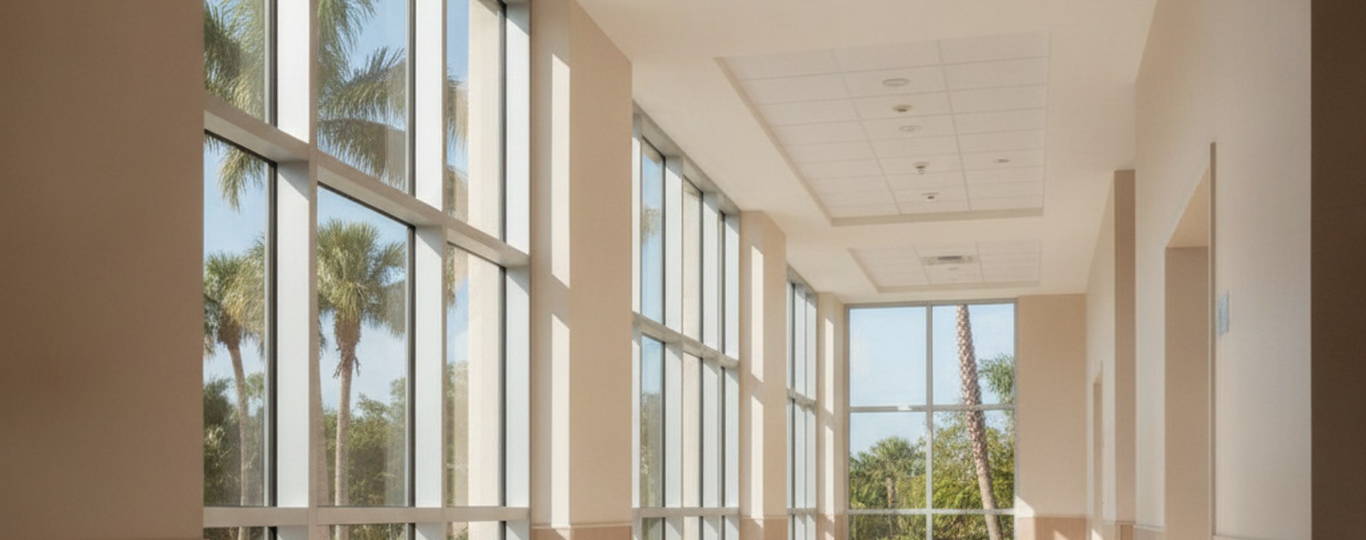 A bright, empty hospital corridor in Miami with tall windows and palms visible outside