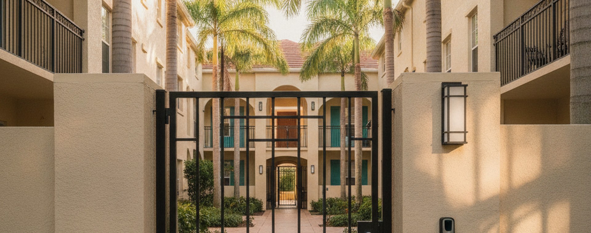 A gated apartment courtyard in South Florida in late afternoon light, palms overhead, a fob reader beside the gate