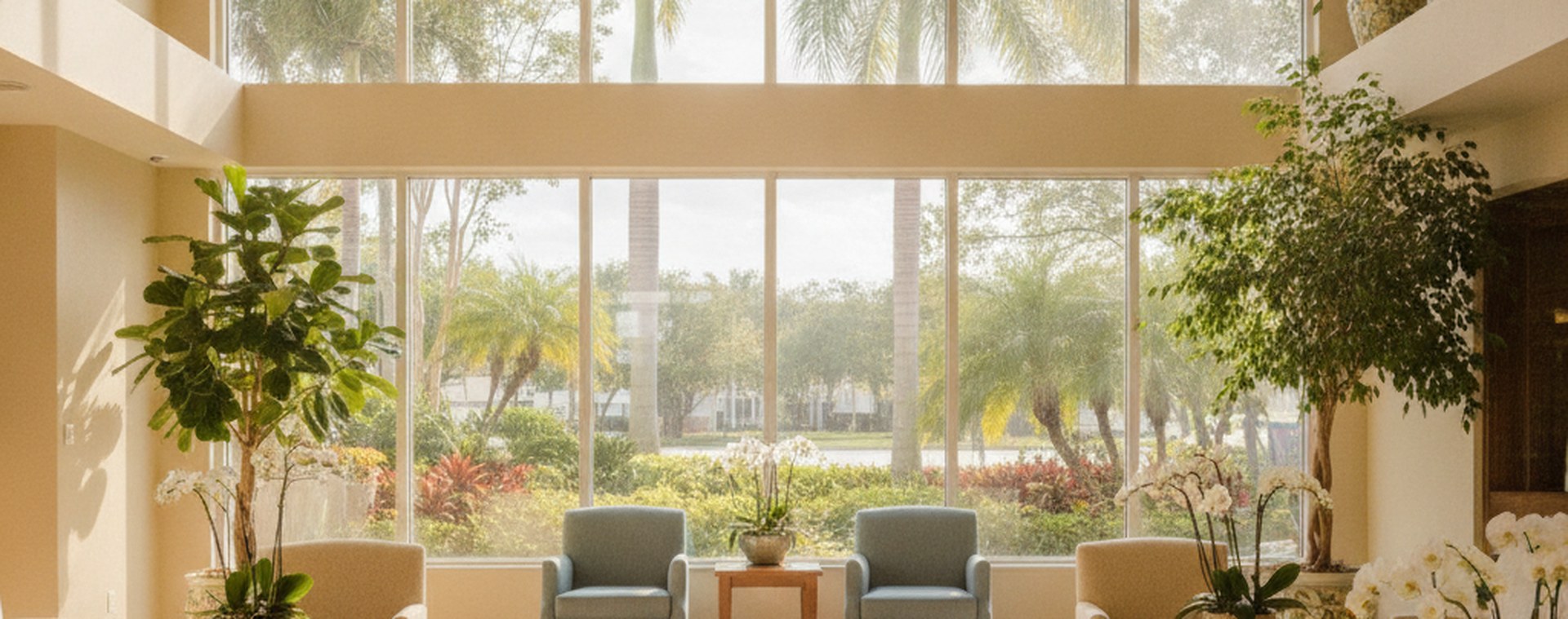A bright, empty common room in a South Florida senior living residence, palms visible through a window wall