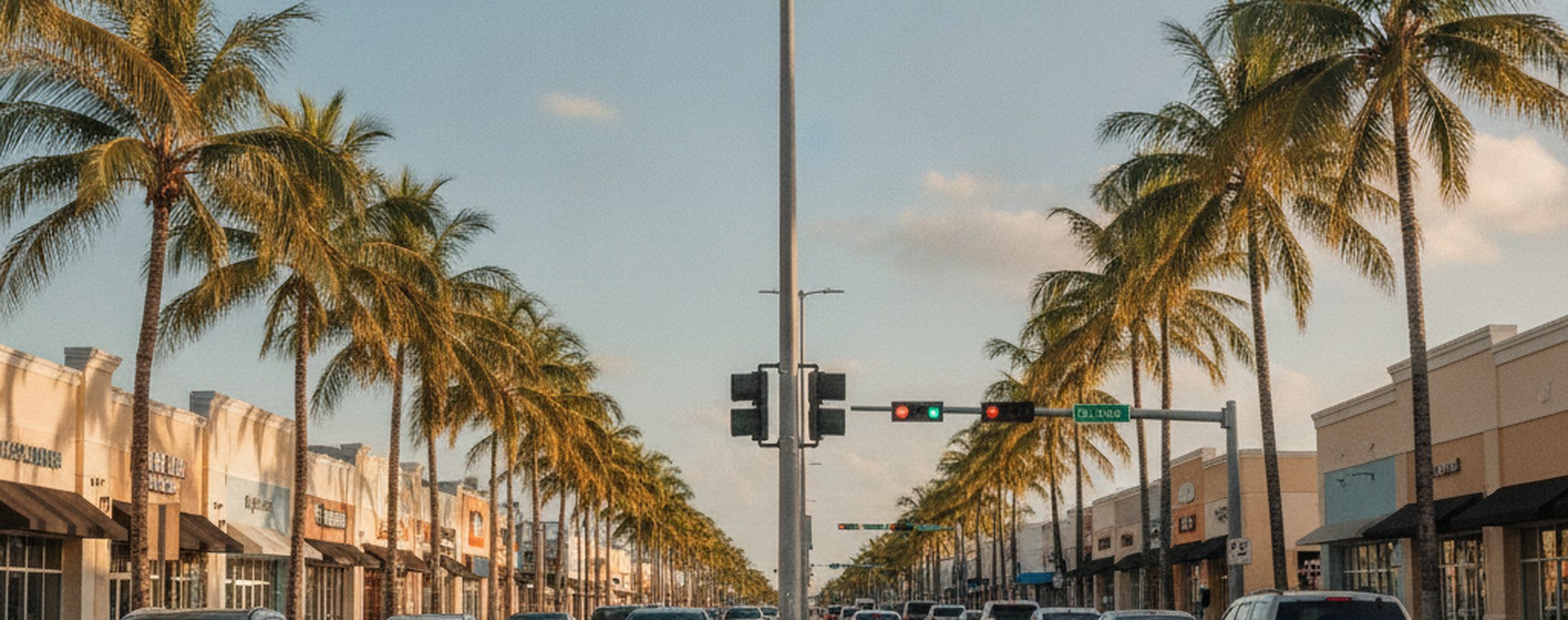 A wide multi-lane Miami arterial road in late-afternoon sun, with a marked crosswalk and signal pole and the next crossing far away down the road