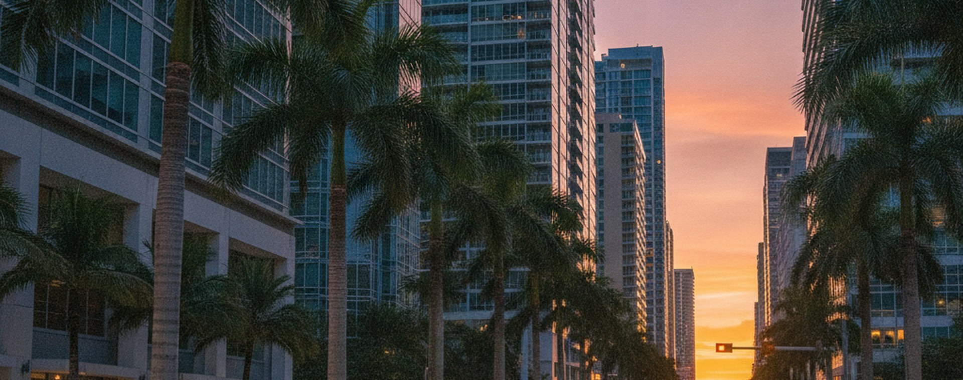 A sedan waiting at a marked curbside pickup zone on a Miami street at dusk, hazard lights on, ordinary traffic passing