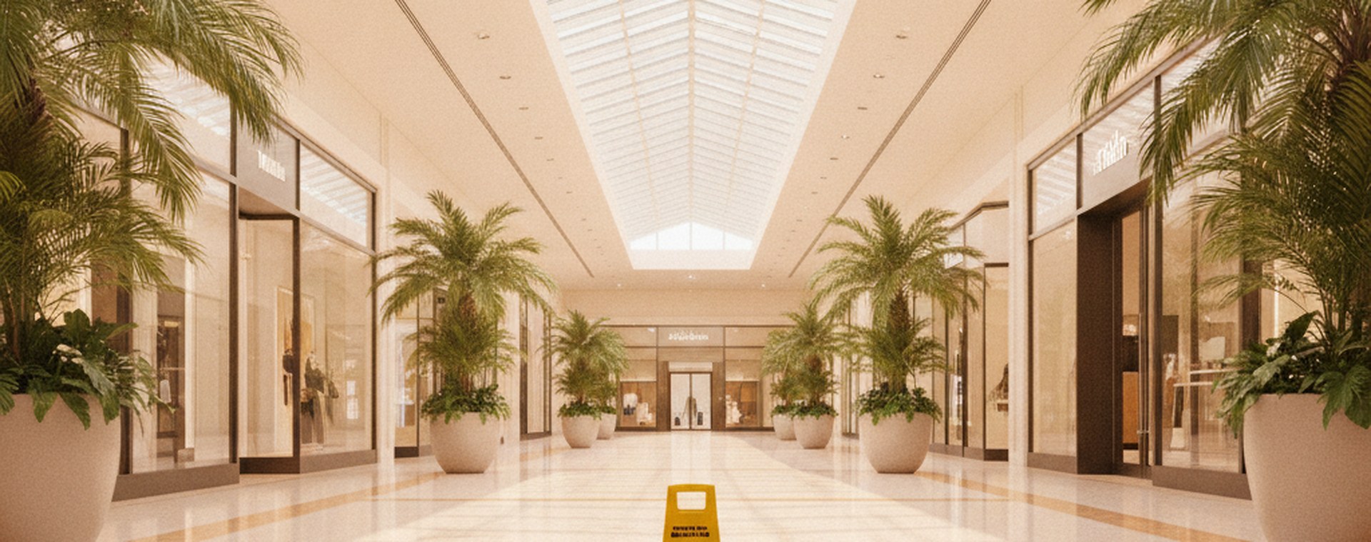 A bright polished floor in an airy South Florida retail arcade with a yellow wet-floor cone standing alone on the clean tile