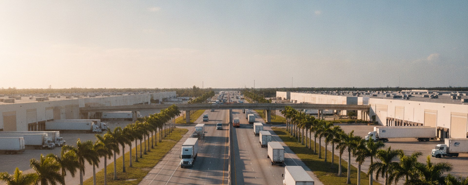 Tractor-trailers moving along a multi-lane South Florida freight corridor past low warehouse buildings in bright morning sun