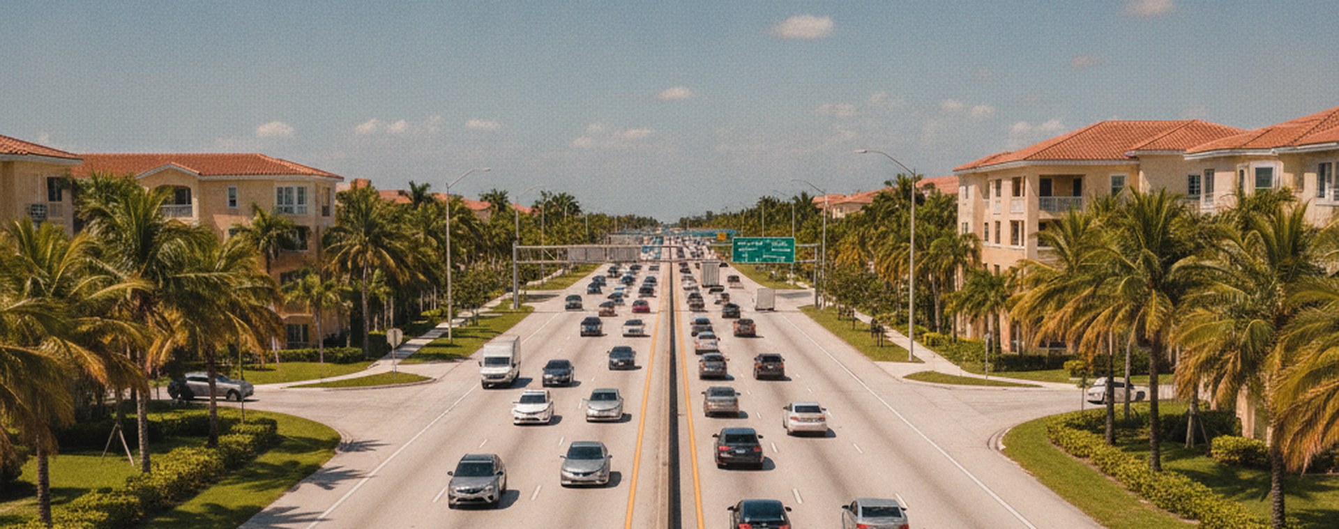 A South Florida expressway seen from an overpass in afternoon light, ordinary traffic and palms alongside