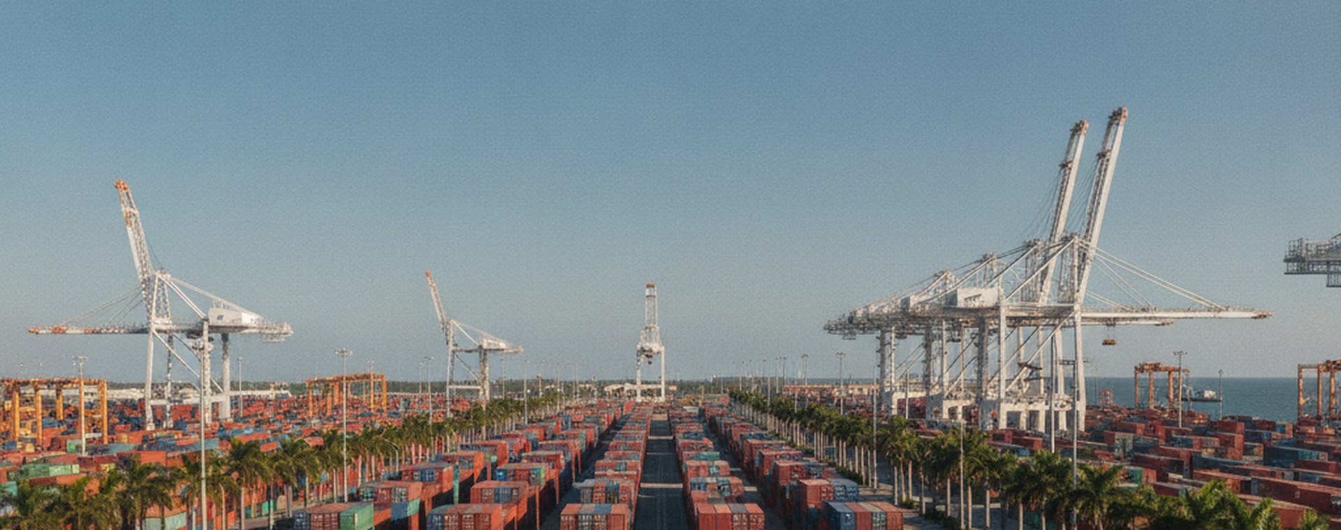 A working container terminal in South Florida under clear daylight, gantry cranes and stacked containers, seen from a distance