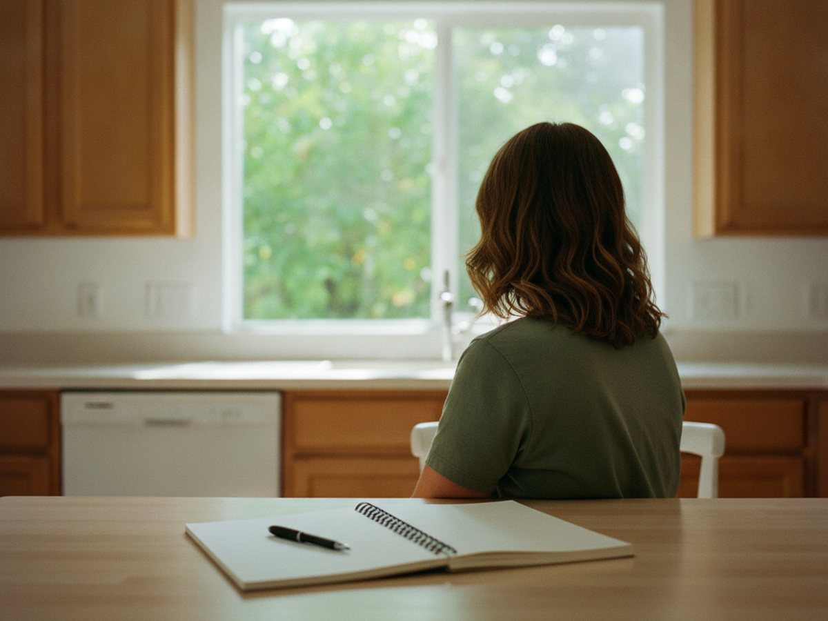 Una persona vista de espaldas en la mesa de la cocina, con un cuaderno abierto, frente a una ventana soleada