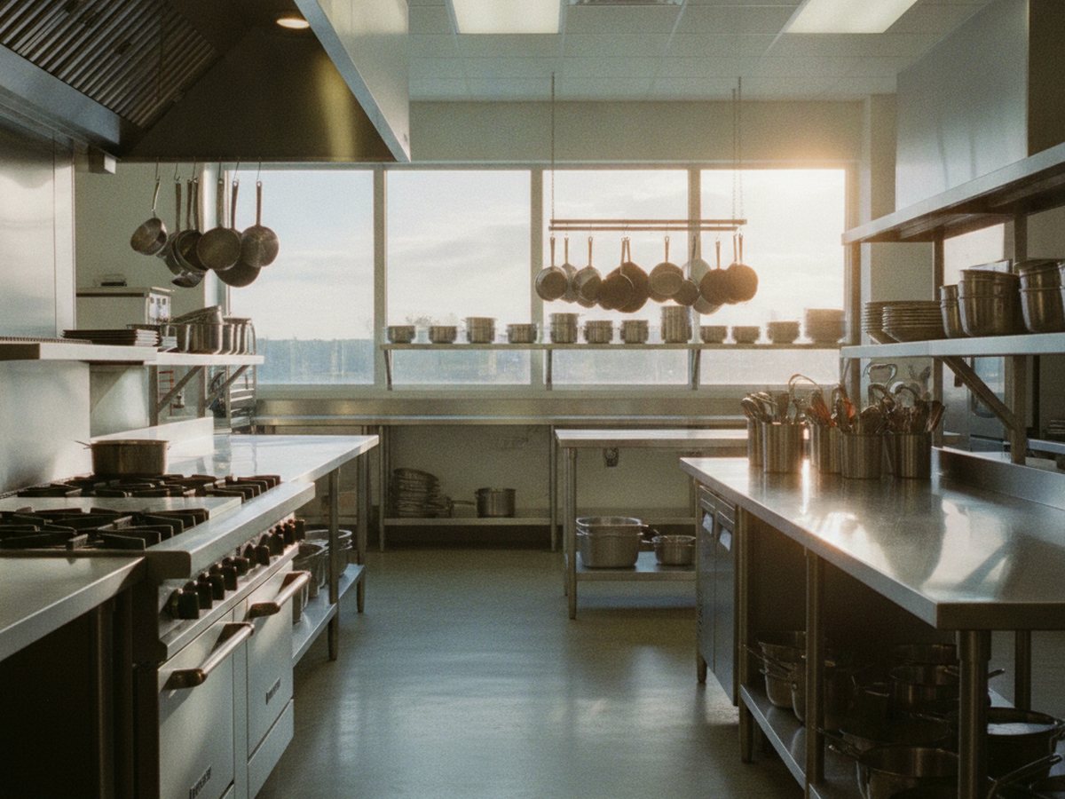 Una cocina industrial limpia con una estufa de gas a plena luz del día