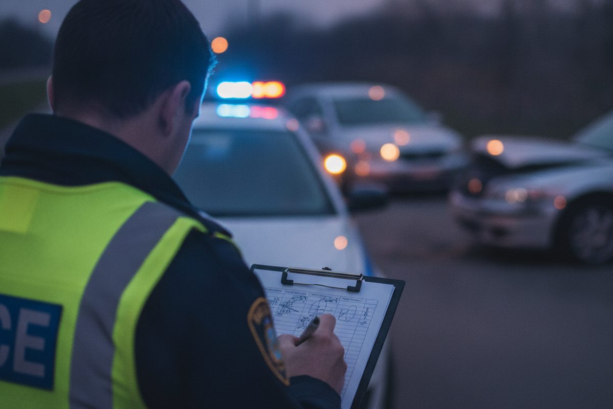 Un oficial de policía con chaleco reflectante escribiendo en una tabla sujetapapeles al anochecer, con dos autos dañados y las luces de la patrulla detrás