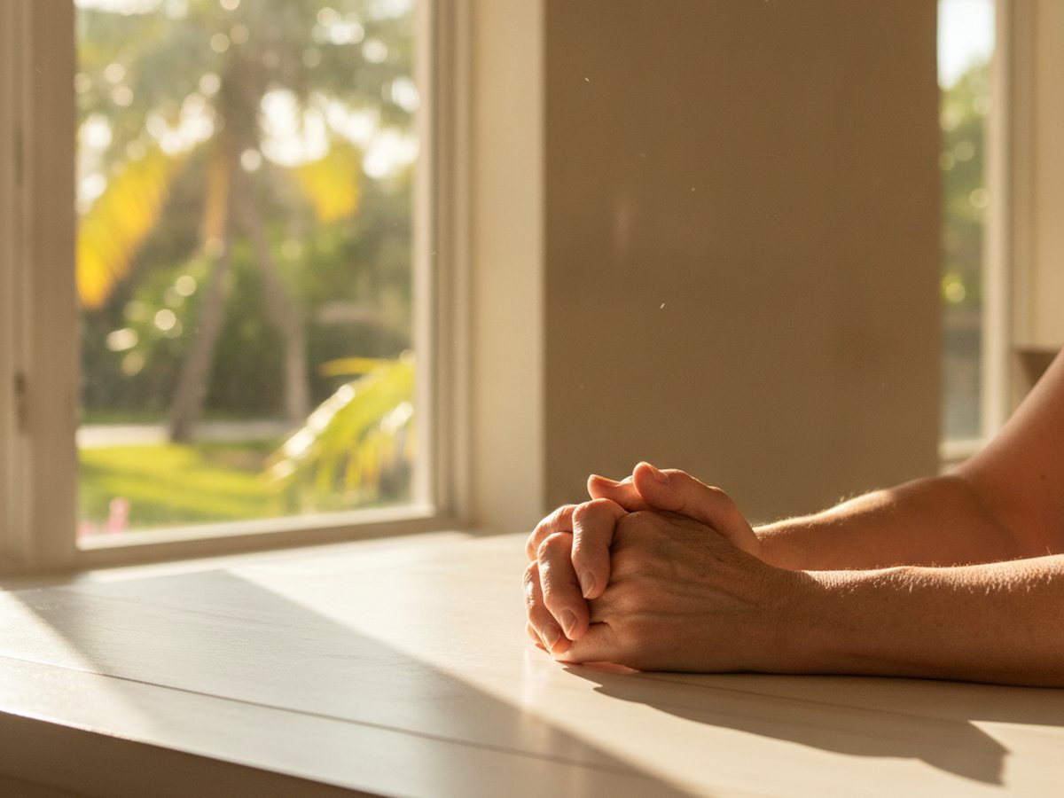 Dos pares de manos descansando juntas sobre una mesa en una sala soleada