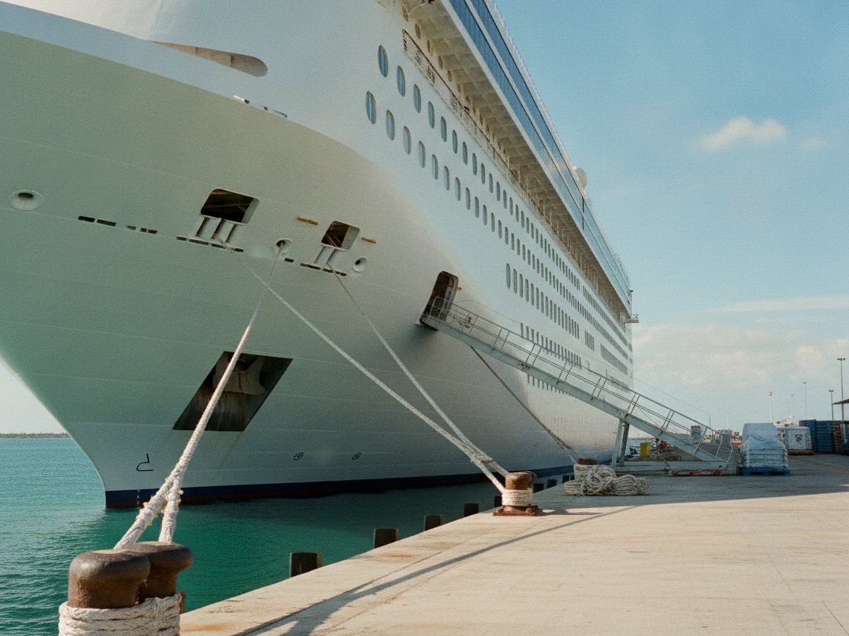 Un crucero amarrado en una terminal de Florida visto desde el muelle, con cabos tensados hacia las bitas y una pasarela de abastecimiento subiendo a una escotilla abierta en el casco