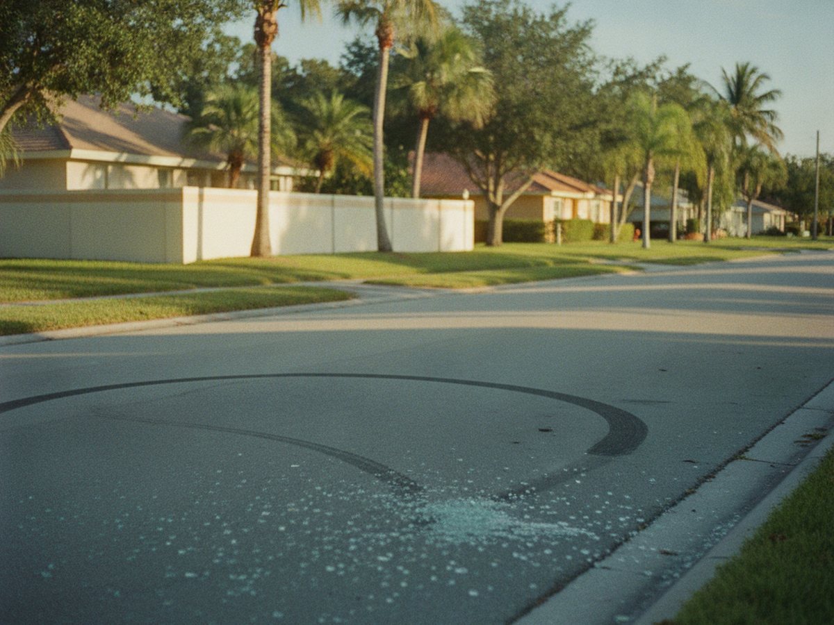 Una vía de Florida de noche, con el carril vacío donde el otro carro siguió de largo después del choque