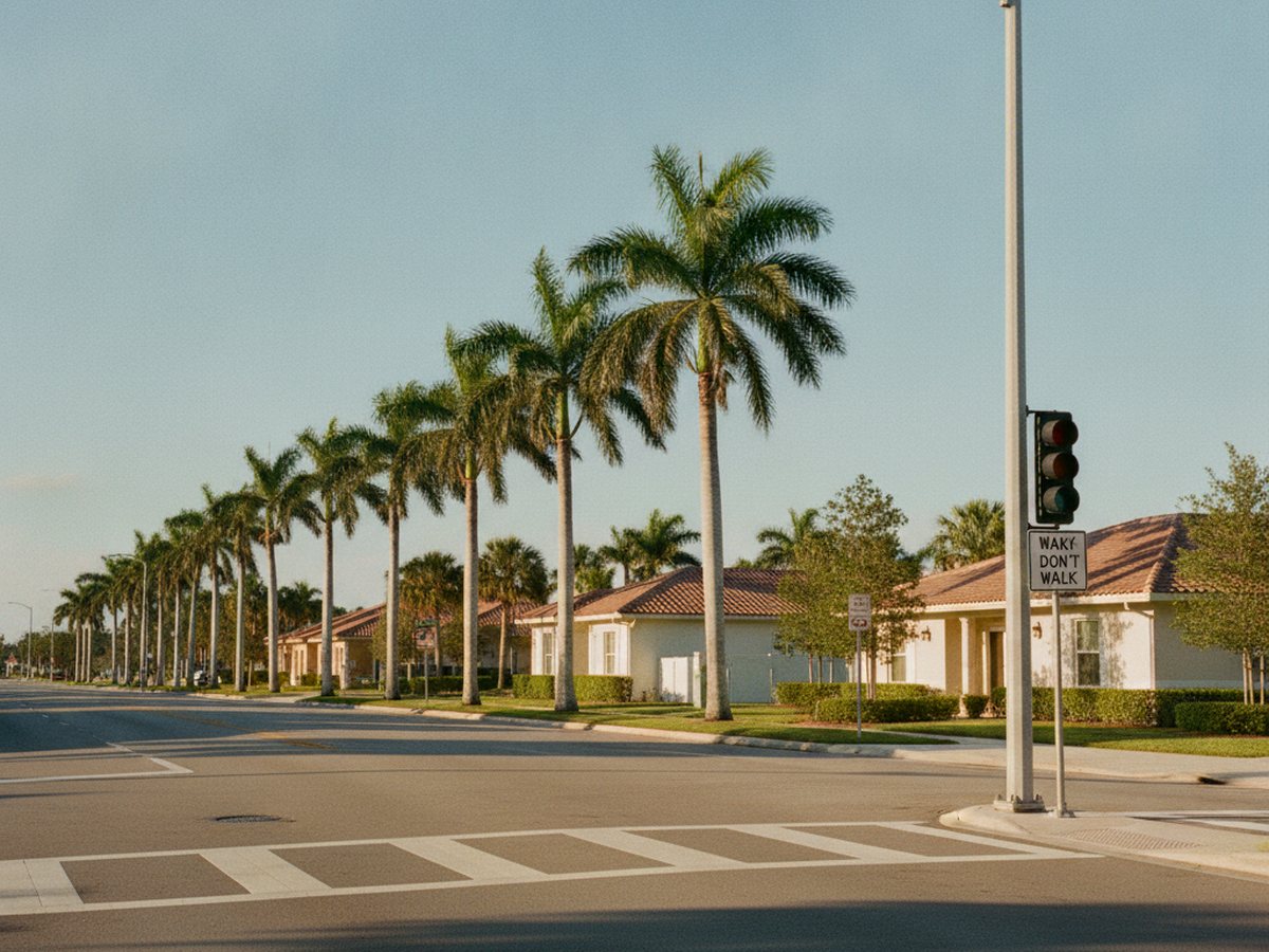 Un cruce peatonal pintado sobre una avenida amplia de Florida a plena luz del día