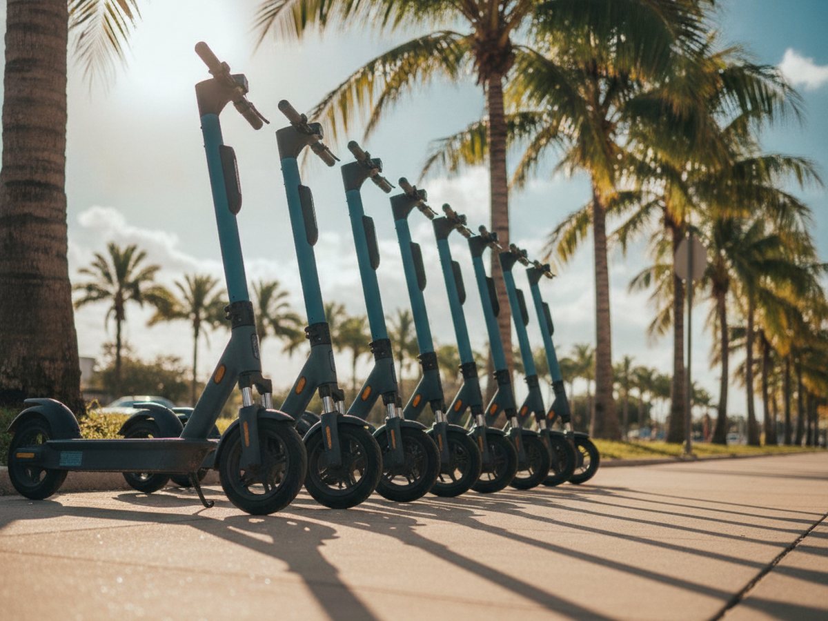 Scooters de alquiler estacionados en una acera de Florida