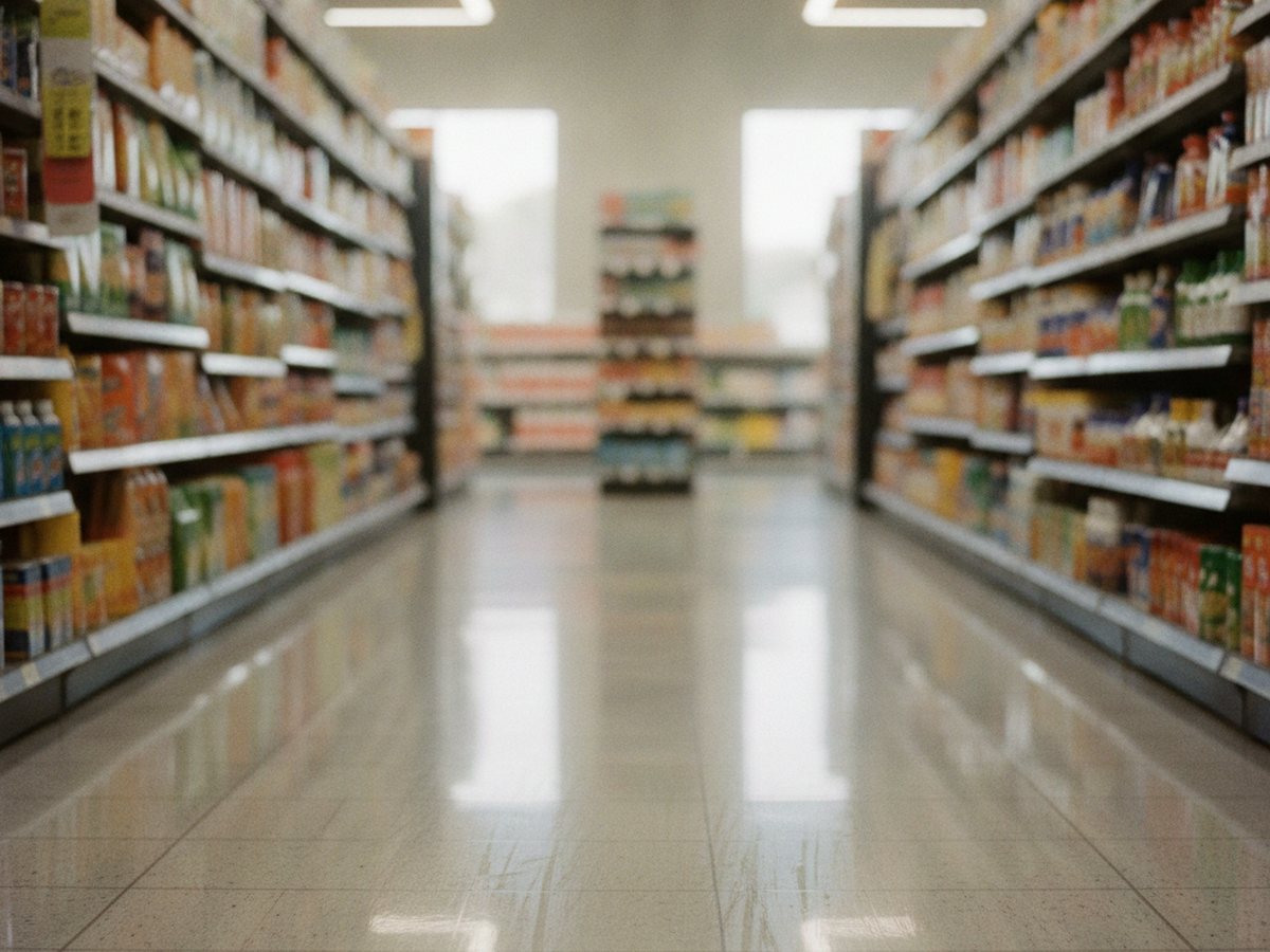 Un piso de losa recién trapeado reflejando las luces de un pasillo de supermercado