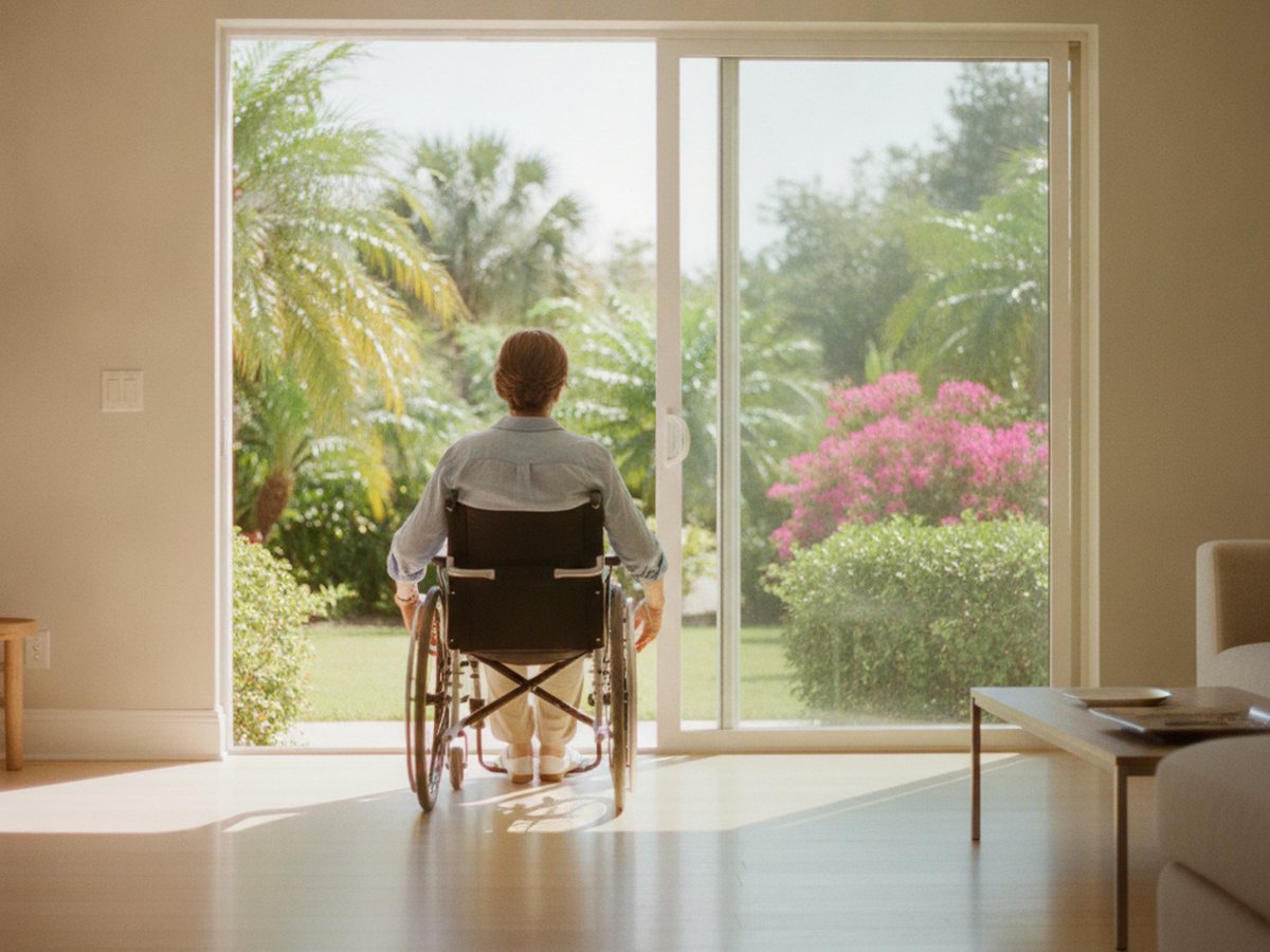 Una persona en silla de ruedas vista de espaldas en una puerta corrediza abierta, mirando un jardín soleado