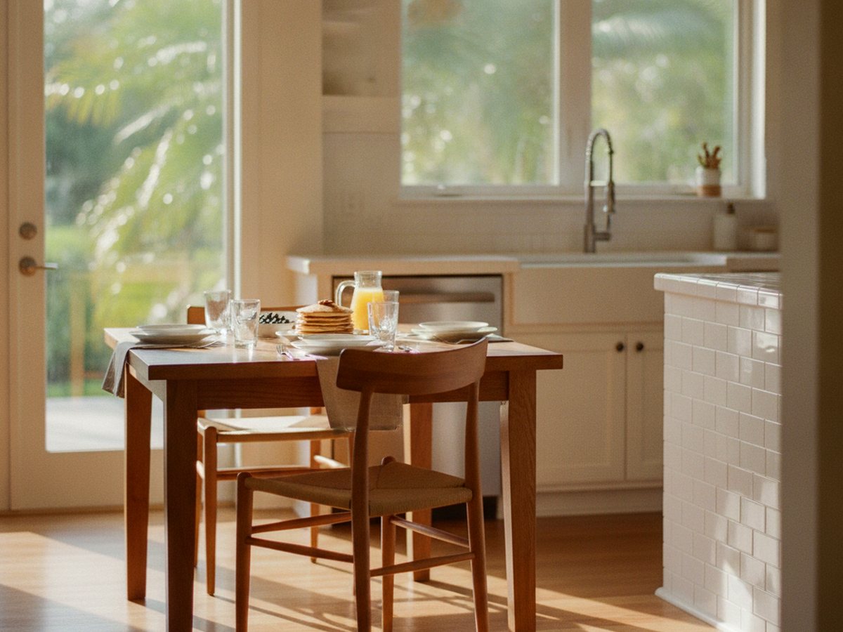 Una silla vacía en la mesa del comedor puesta para una comida, con luz de la mañana