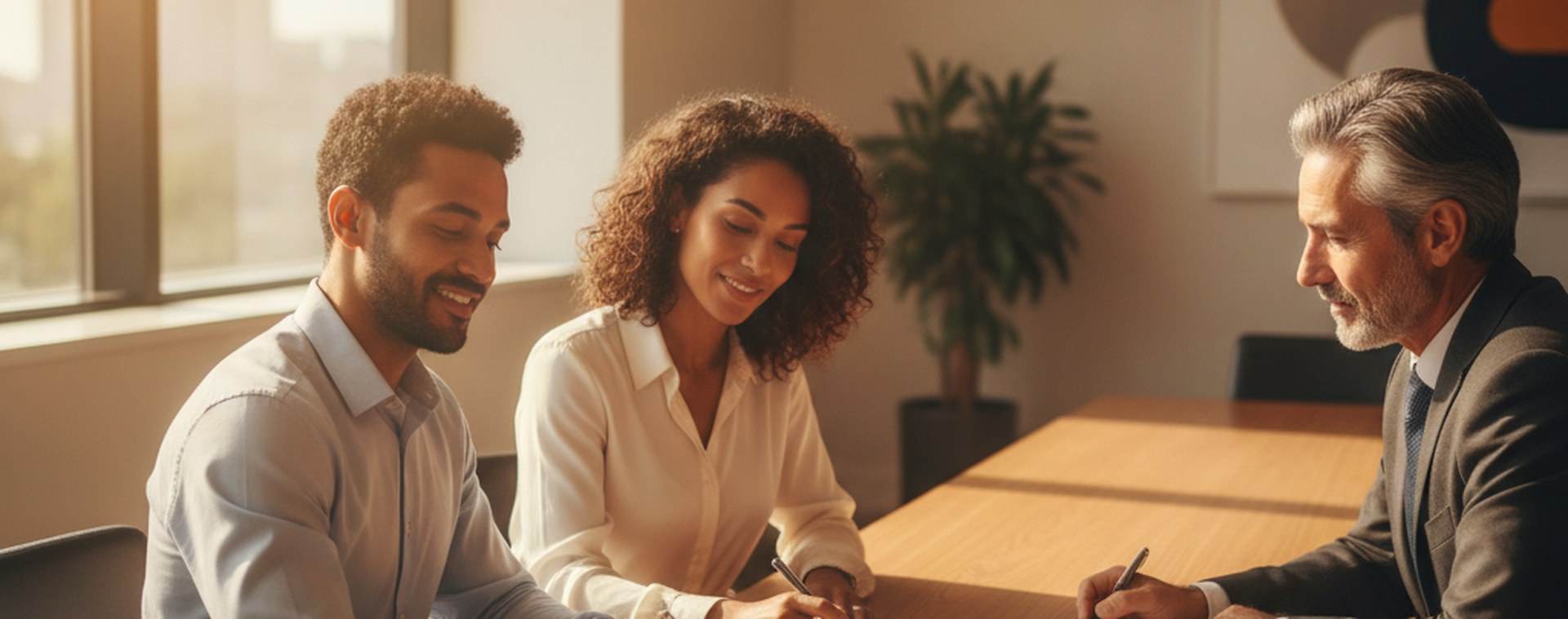 Two people signing forms with an attorney at a bright office table, a passport beside them