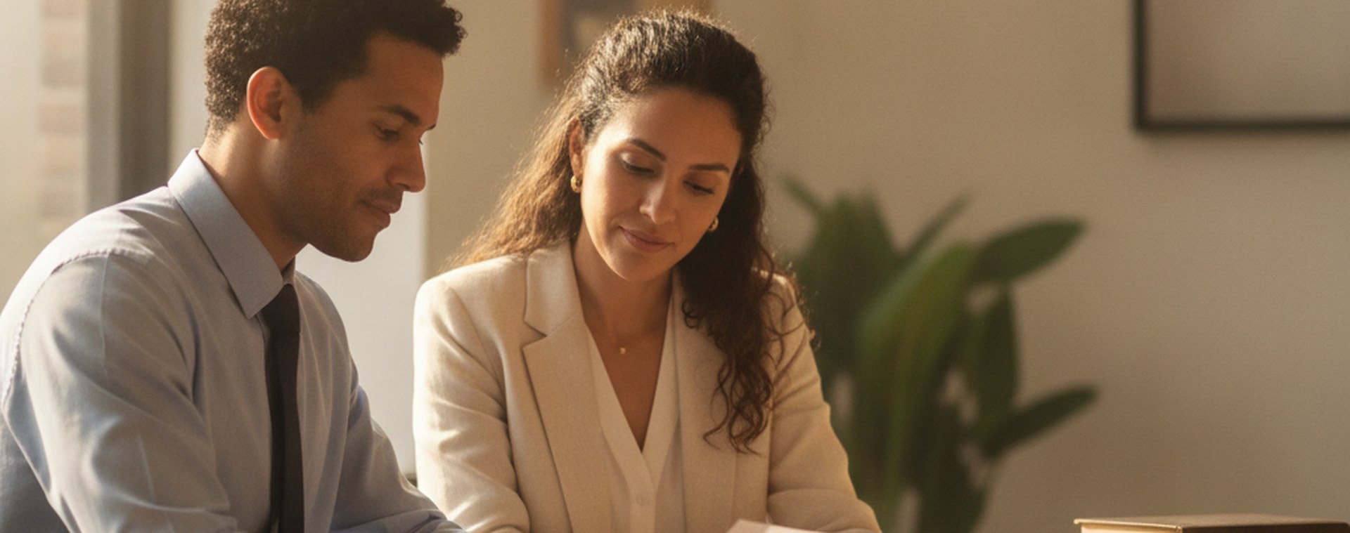 A man and an attorney reviewing a document side by side at a sunlit table