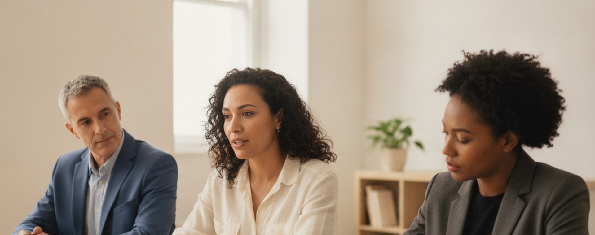 A woman speaking with an attorney and an interpreter at a table in a quiet, well-lit room