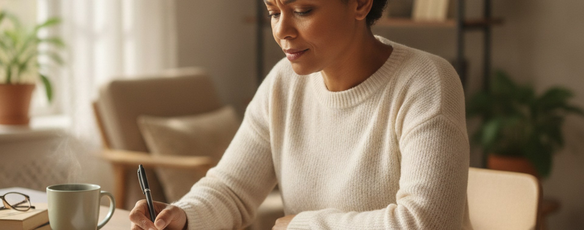 A woman studying from a booklet of practice questions at a bright table, pen in hand
