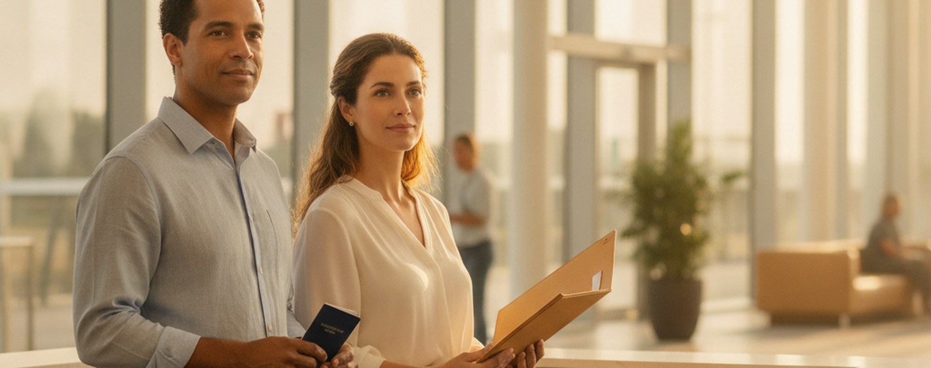 Two people with passports and a document folder at a bright glass-walled counter area