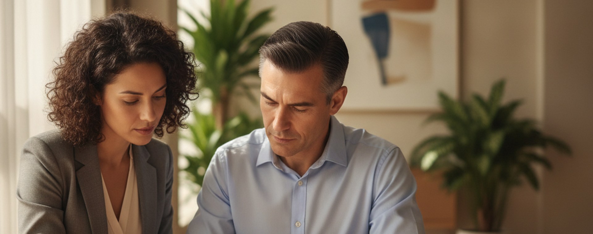 A man and an attorney reading an official document together at a bright office table