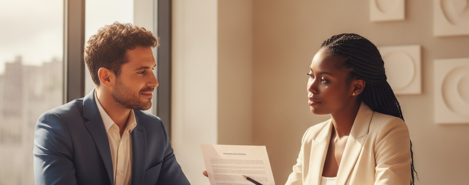 An attorney explaining a document to a man across a bright office table