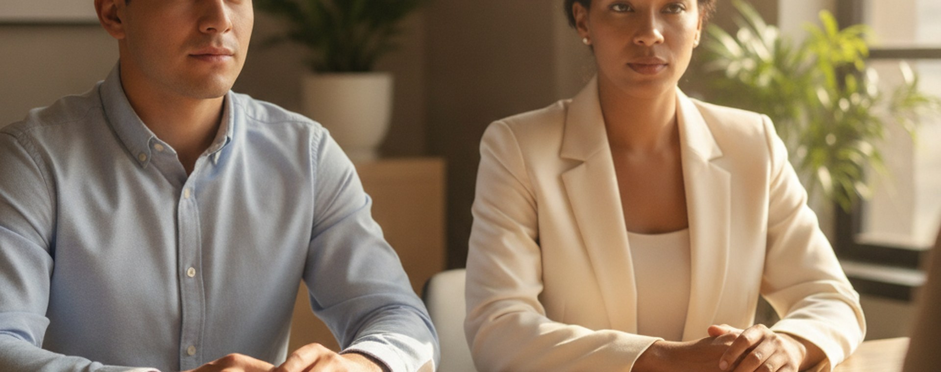 A young man listening to his attorney at a bright table, a folder open in front of them