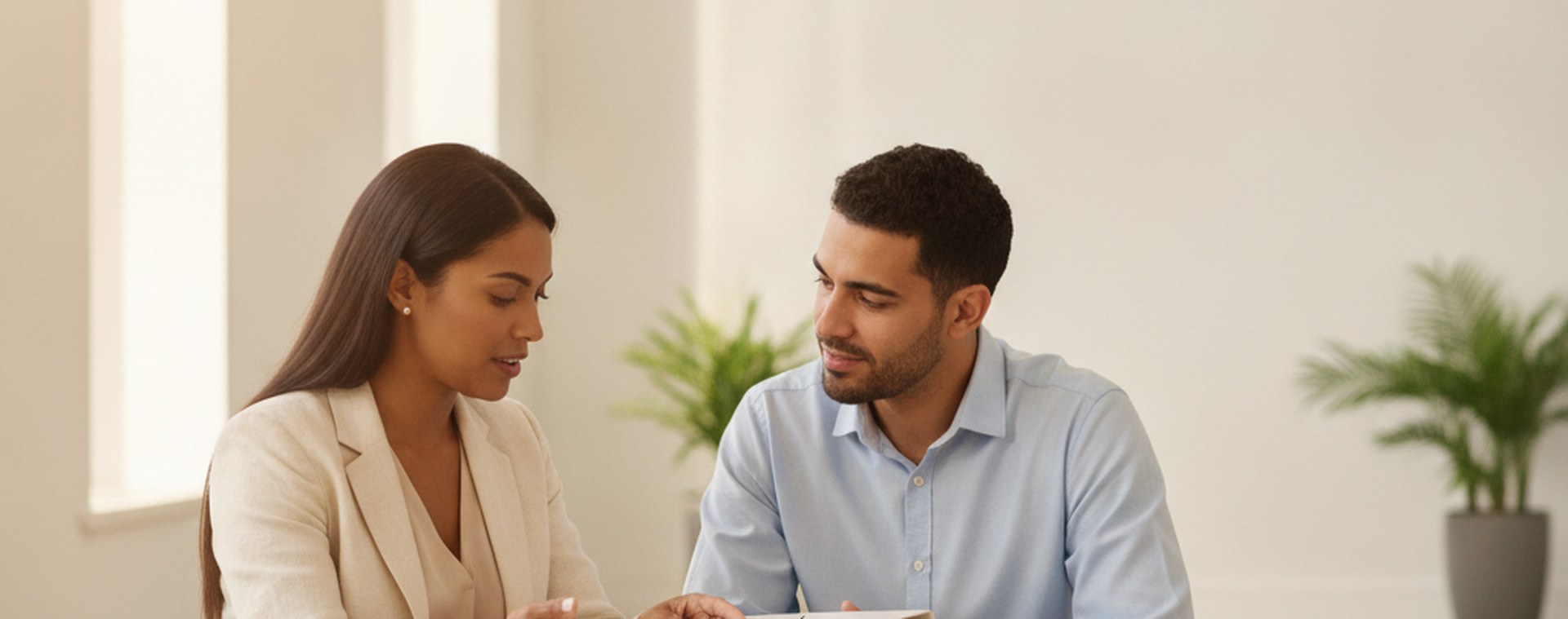 An attorney and a client working through a thick case file at a bright table