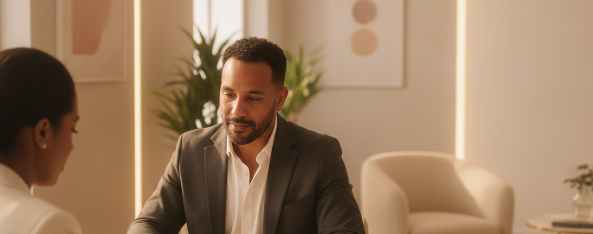 A man reviewing a printed document and forms with an attorney at a bright table