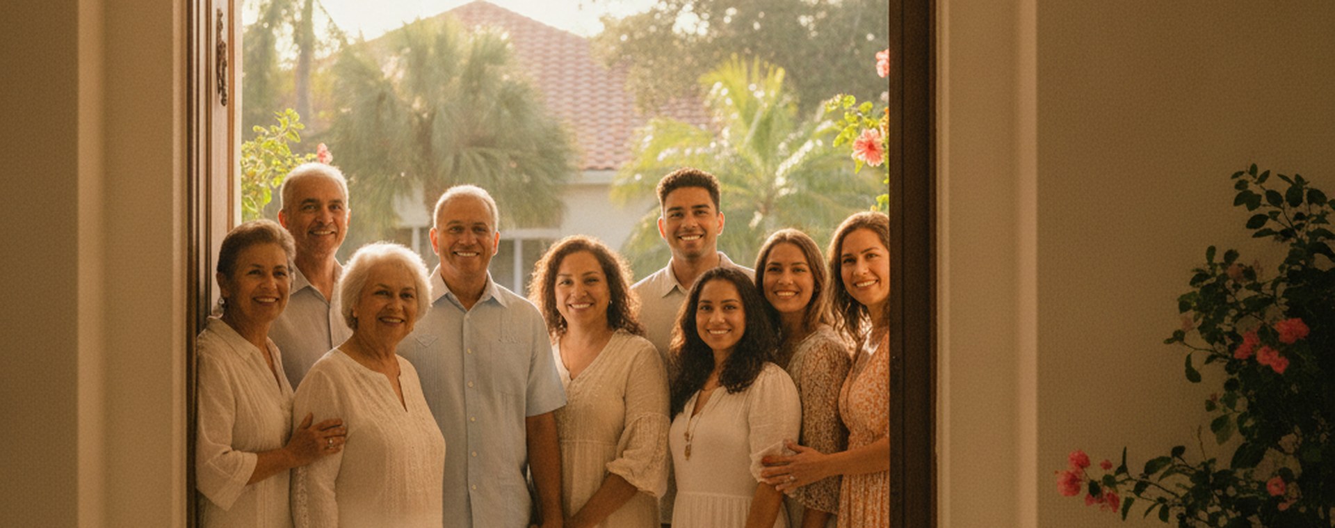 Three generations of a family standing together in the doorway of a Florida home