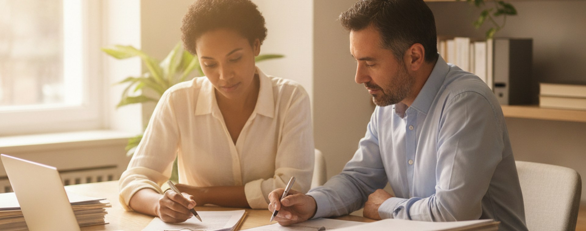 An attorney and a client working through organized stacks of paperwork at a large bright table
