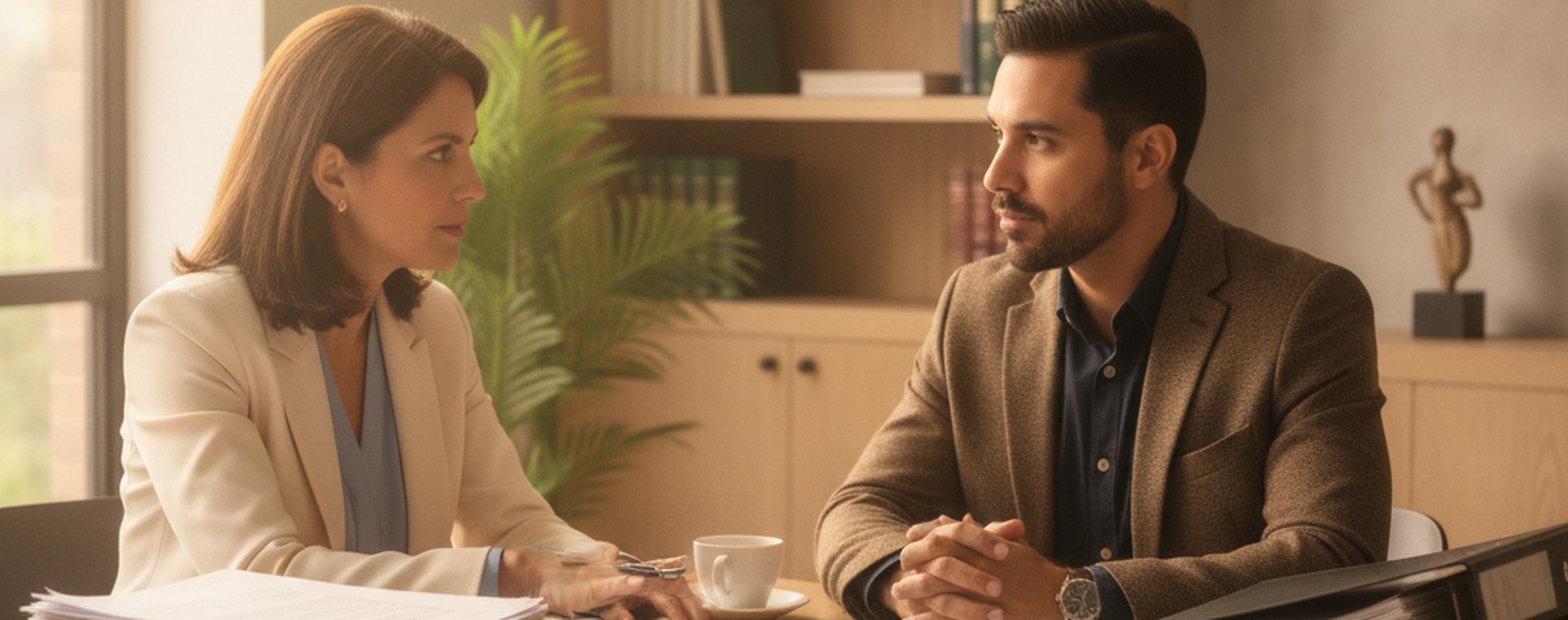 An attorney and a client in careful conversation at a table covered with organized case documents