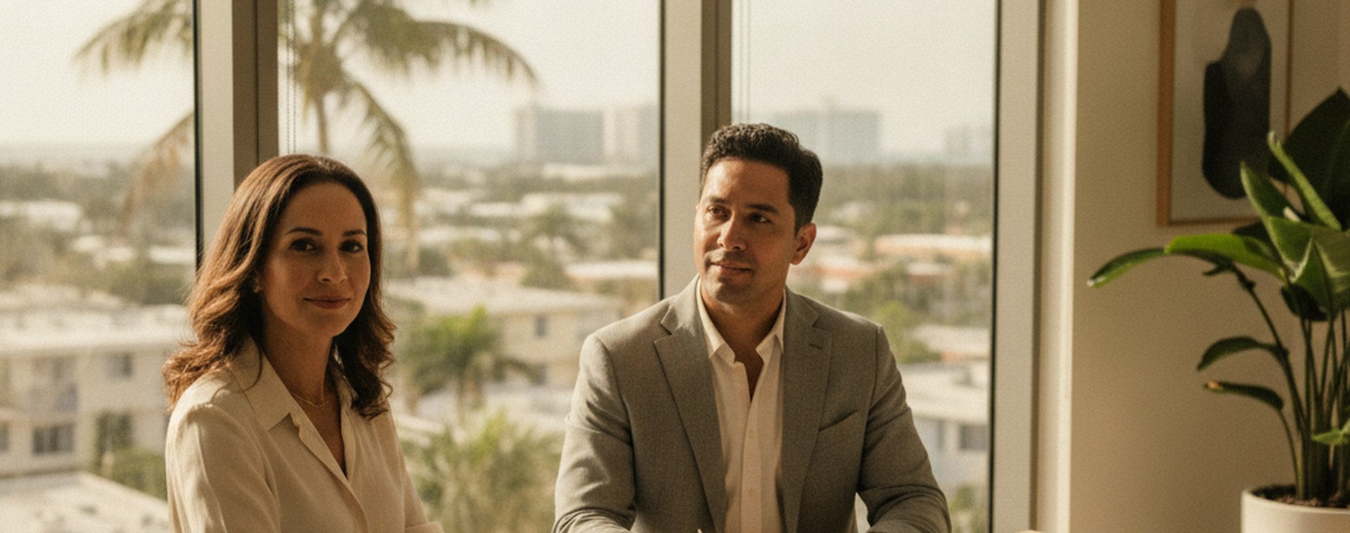 A meeting at a table beside tall windows looking out on palm trees in Miami daylight