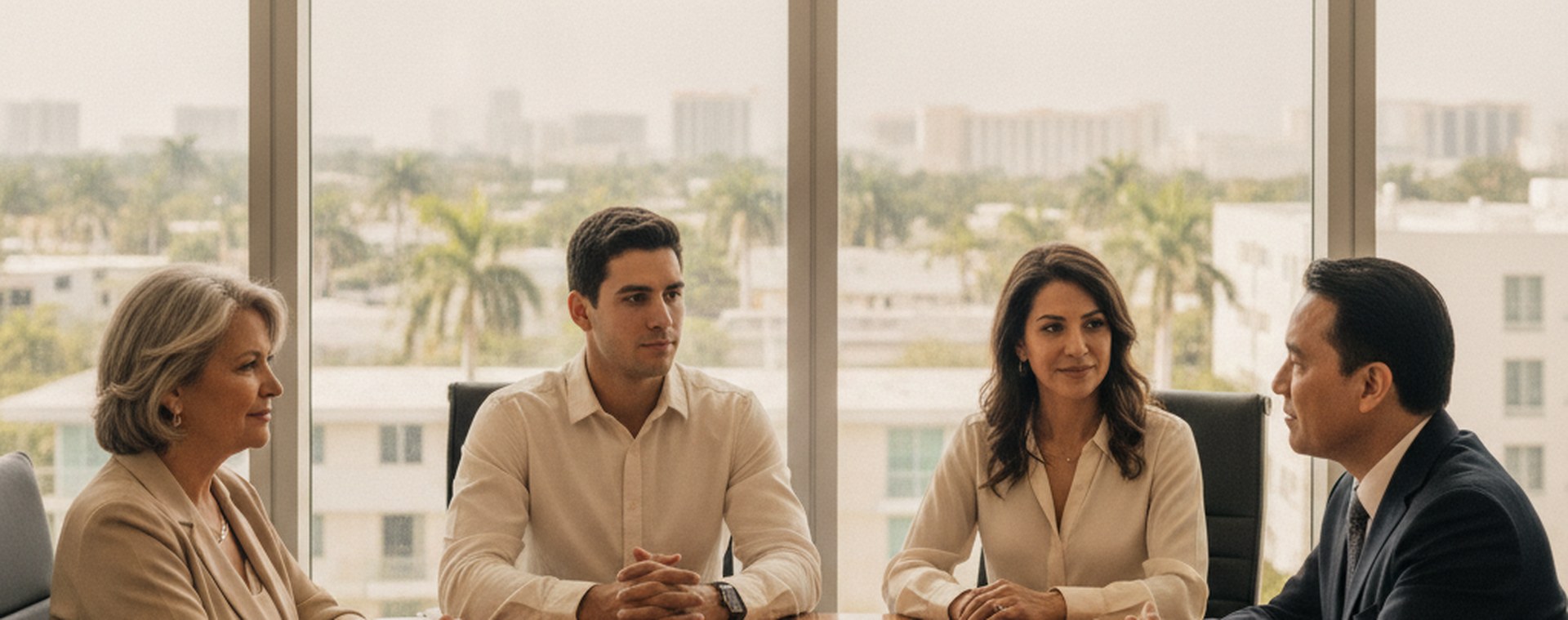 A family meeting an attorney at a table beside windows looking out on palms in Miami daylight, passports and a folder on the table