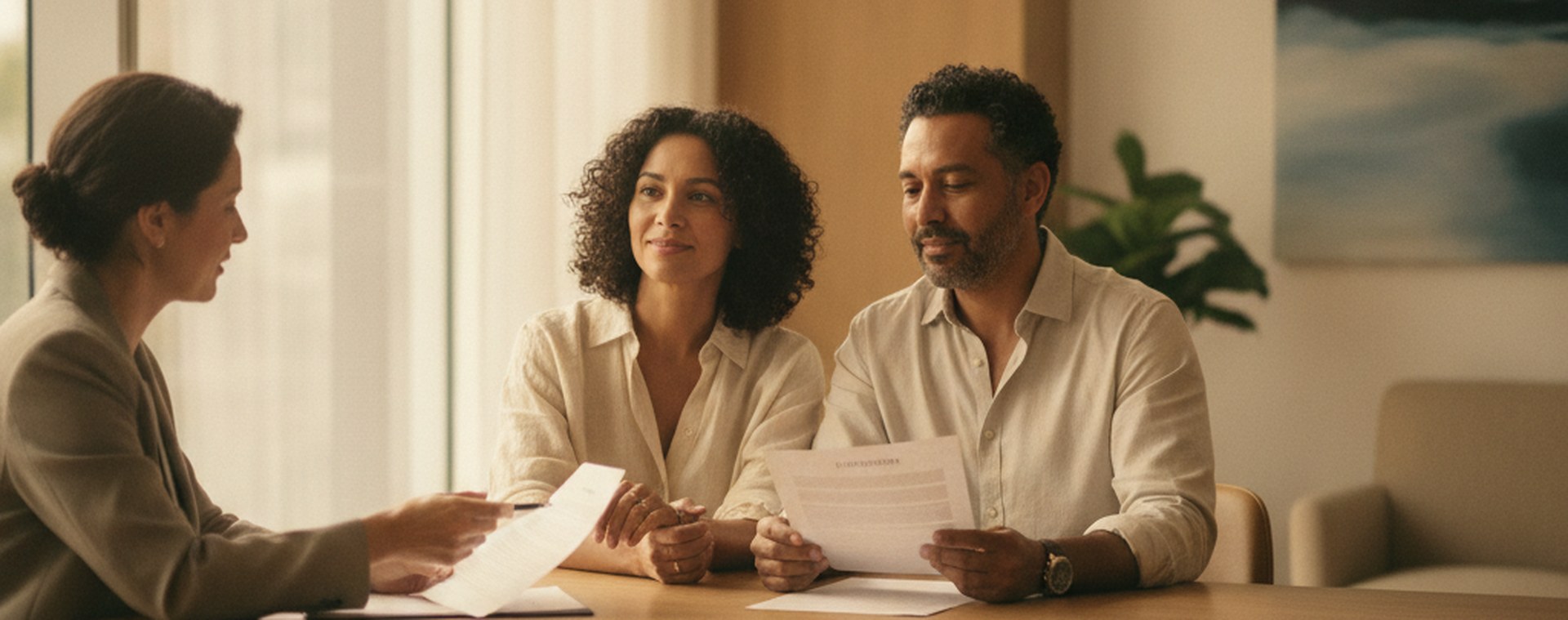 A married couple reading an agreement with an attorney at a sunlit table