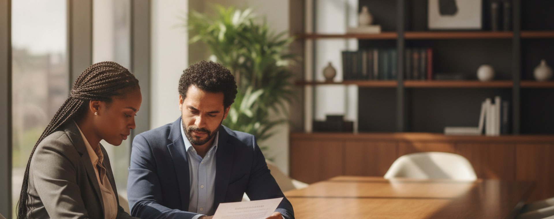 A man and his attorney reading a court order closely at a bright table