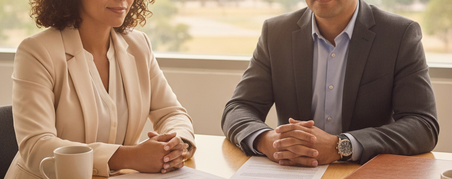 A woman and an attorney with a driving record and paperwork spread across a bright table