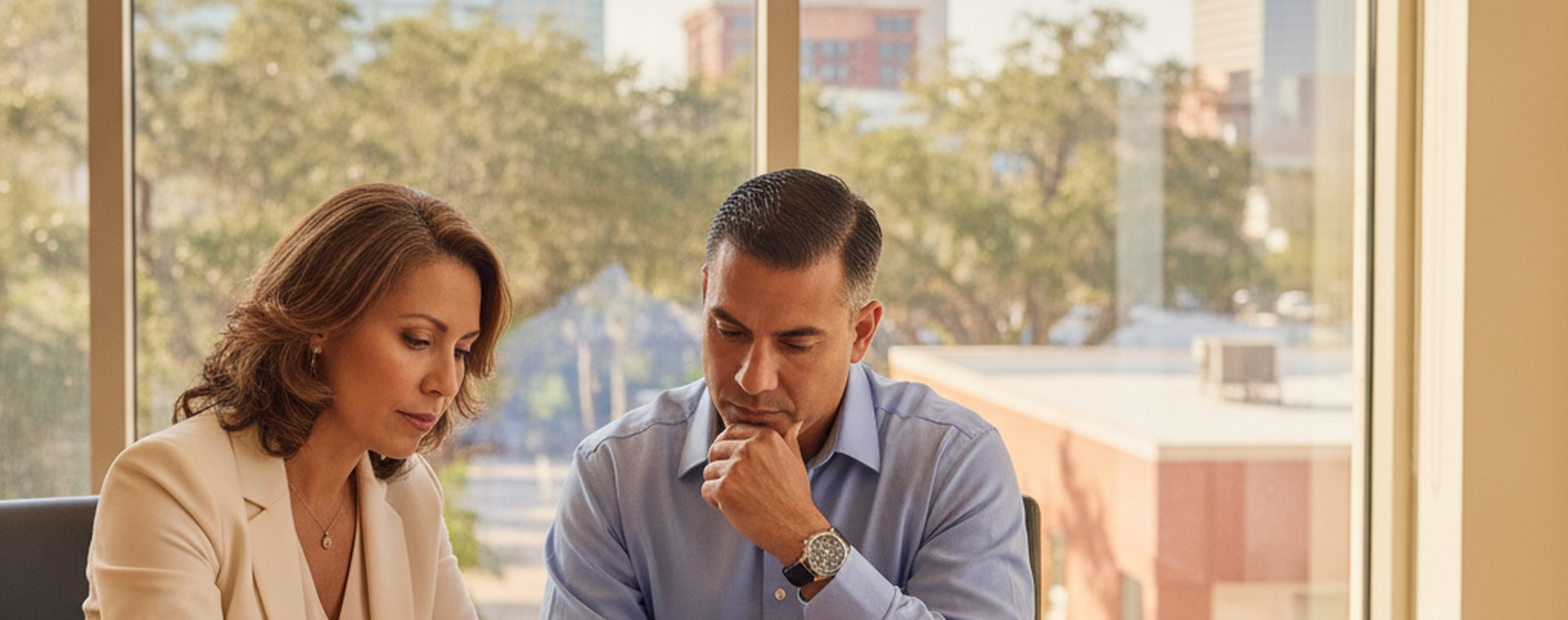A woman and an attorney reviewing a document at a table beside windows showing oak trees and Tampa rooftops